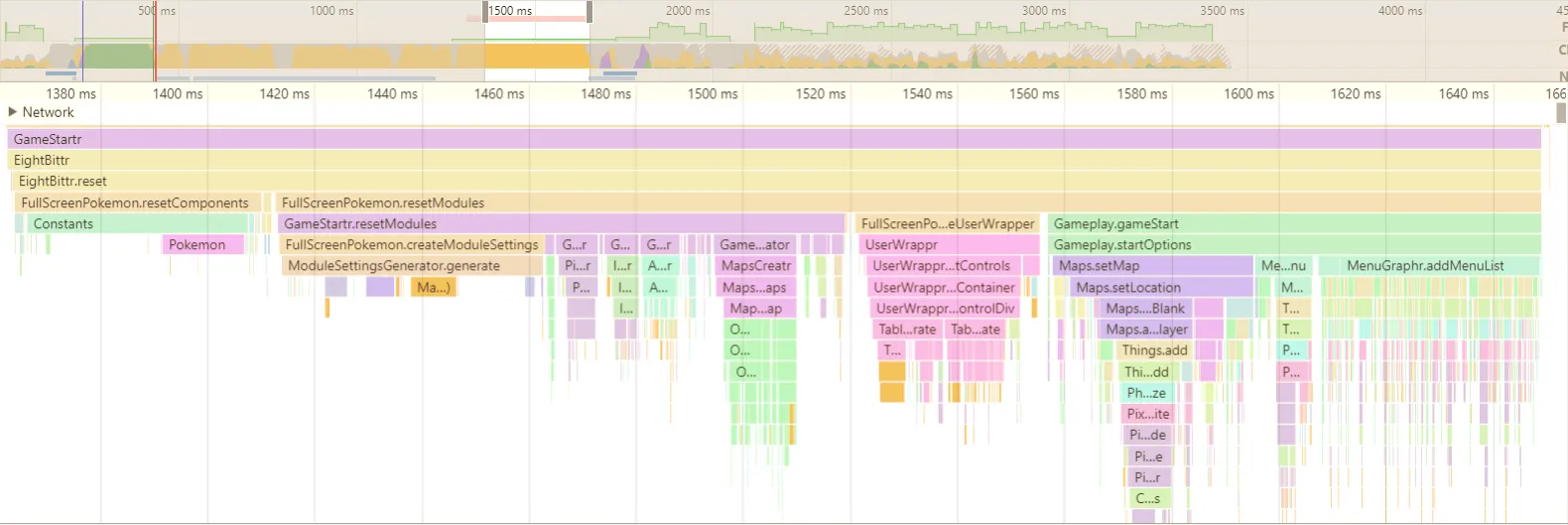 Screenshot of a performance profile within a GameStartr class taking ~300ms. Now, time is split within resetModules between createModuleSettings, UserWrapper, and Gameplay.startOptions.